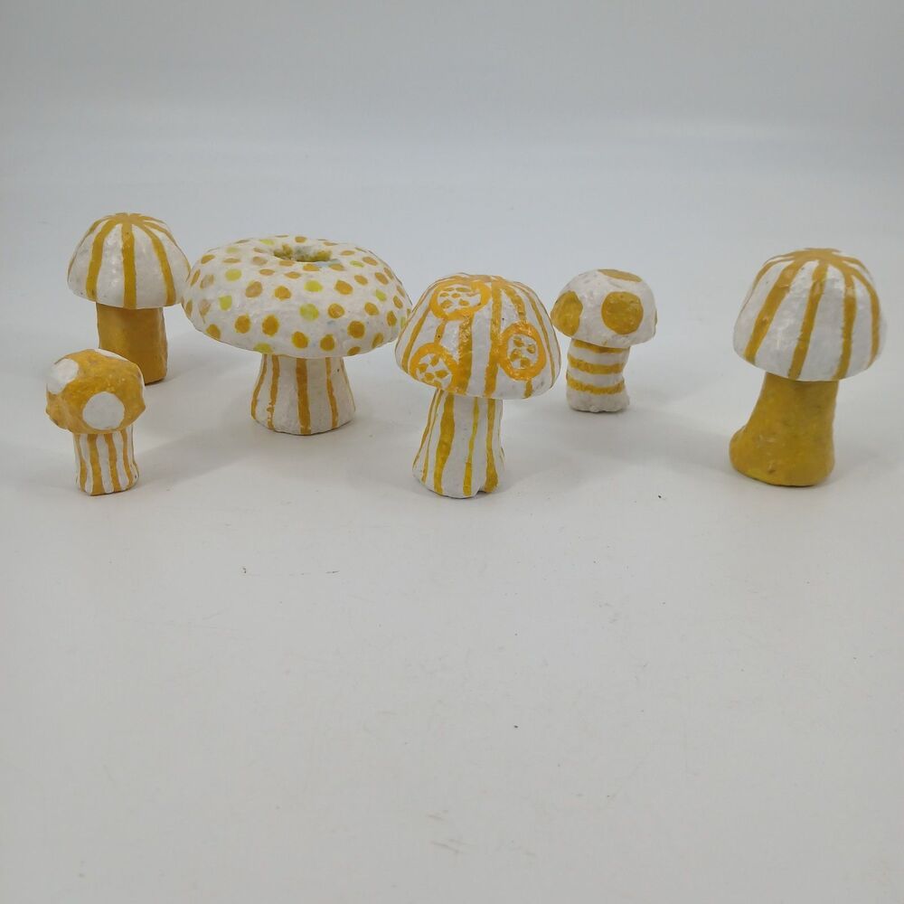 Handmade Paper Mache Mushrooms Set Decorative Folk Art Craft Figurines 5"